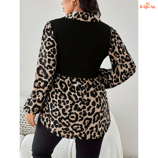 Plus size brown leopard print shirt for women featuring a loose fit, pullover closure, and long sleeves. Ideal for casual all-season wear.