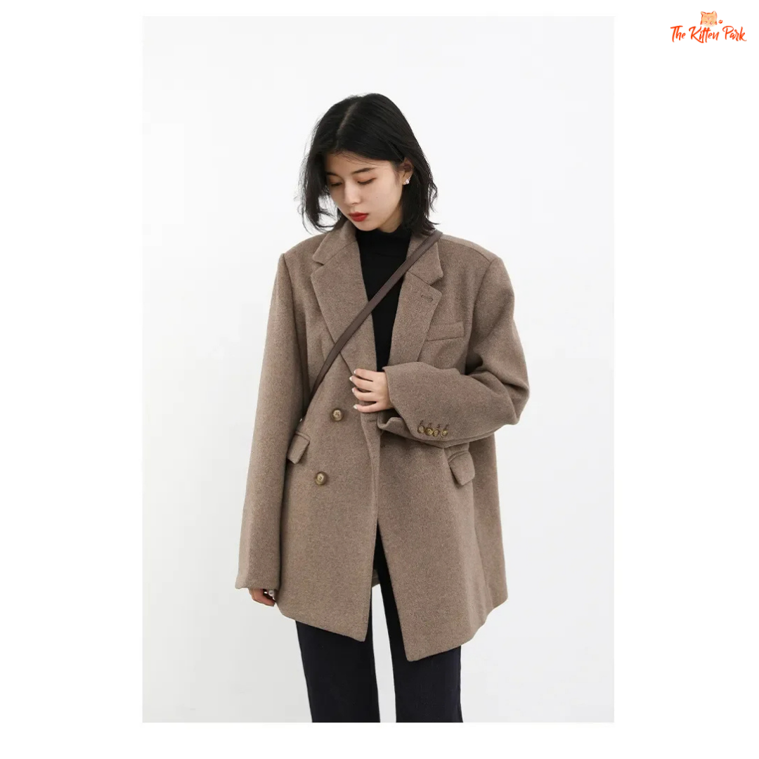 Light coffee wool blend mid-length blazer coat for women with single button closure, office-lady style, and elegant winter outerwear design.