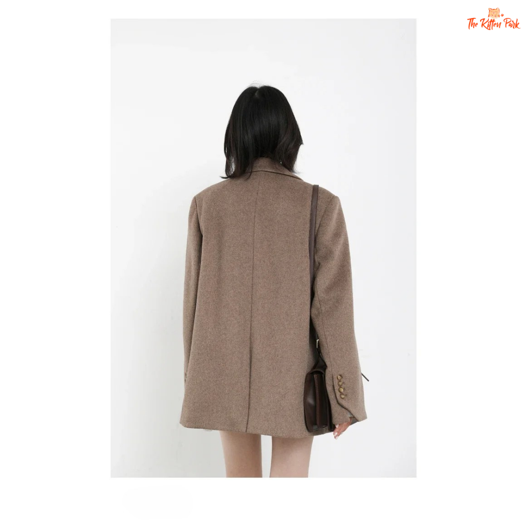 Light coffee wool blend mid-length blazer coat for women with single button closure, office-lady style, and elegant winter outerwear design.