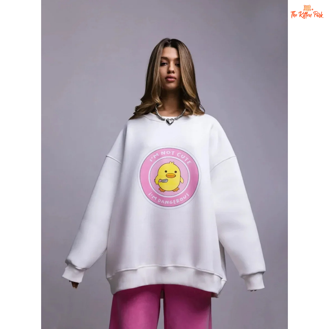 A women’s oversized cotton pullover sweatshirt with hooded collar, drop sleeves, and print design, styled for autumn/winter casual wear.