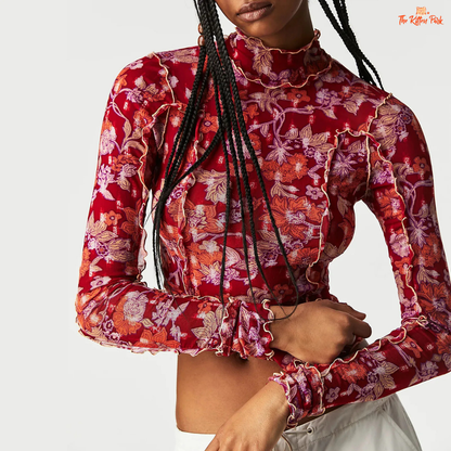 Slim-fit floral mesh top with mock neck and full sleeves, blending Y2K aesthetics and fairycore charm for dreamy summer layering.