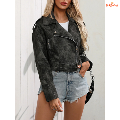 Light grey faux leather cropped biker jacket with belt, turn-down collar, zipper closure, and adjustable waist.