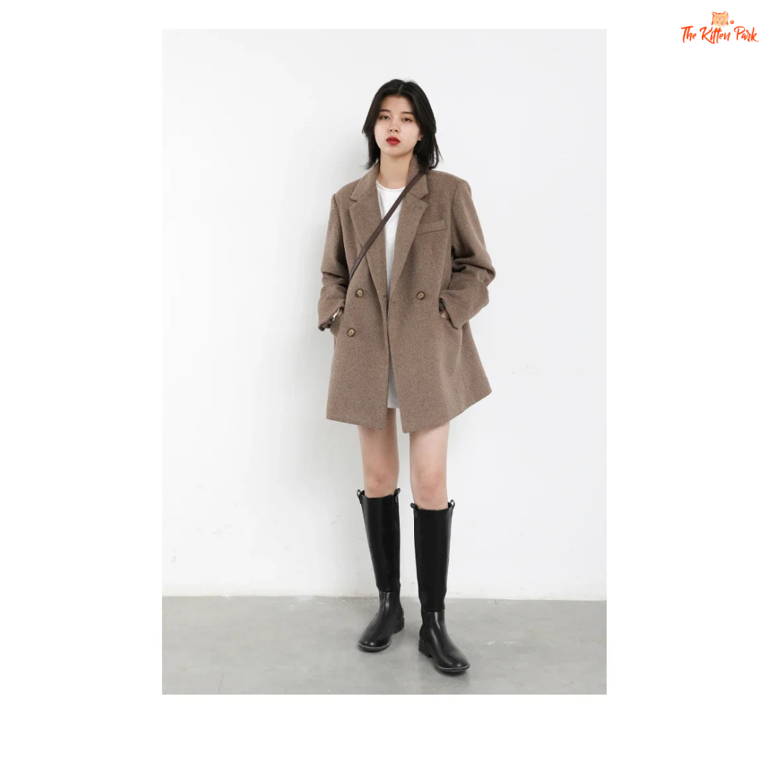 Light coffee wool blend mid-length blazer coat for women with single button closure, office-lady style, and elegant winter outerwear design.