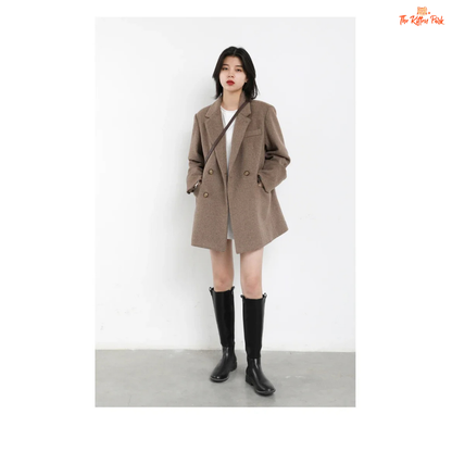 Light coffee wool blend mid-length blazer coat for women with single button closure, office-lady style, and elegant winter outerwear design.