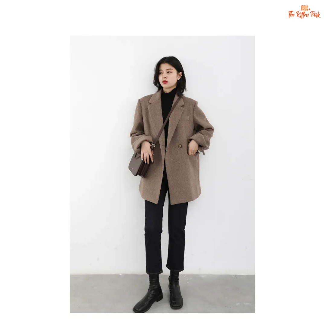 Light coffee wool blend mid-length blazer coat for women with single button closure, office-lady style, and elegant winter outerwear design.