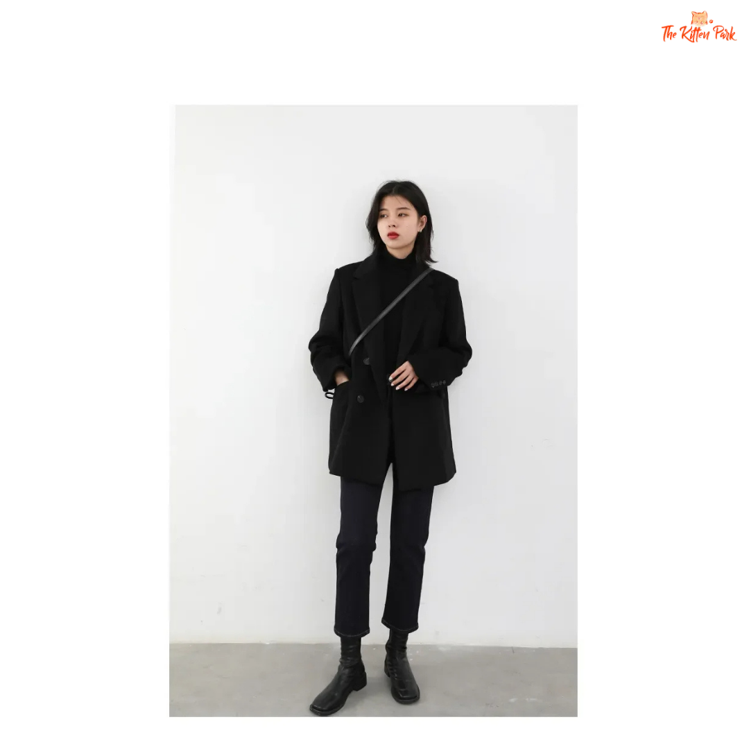 Black wool blend mid-length blazer coat for women with single button closure, office-lady style, and elegant winter outerwear design.
