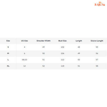 Size chart for clothing with shoulder width, bust size, length, and sleeve length measurements.