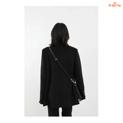 Black wool blend mid-length blazer coat for women with single button closure, office-lady style, and elegant winter outerwear design.
