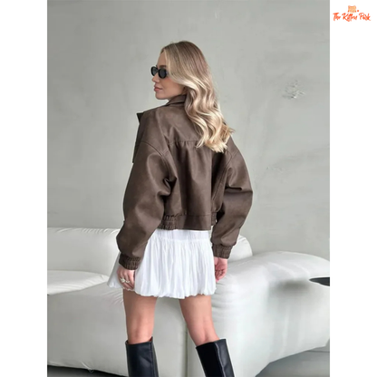 Women's retro faux suede cropped jacket in patchwork design with turn-down collar, long sleeves, and padded shoulders — casual cotton-polyester blend for spring and summer.
