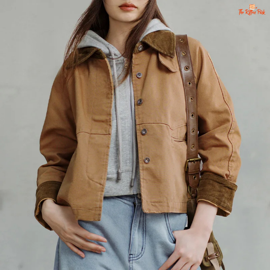 A retro khaki cotton jacket for women with a corduroy turn-down collar, single-breasted closure, pockets, and a loose safari-style fit for autumn and winter.