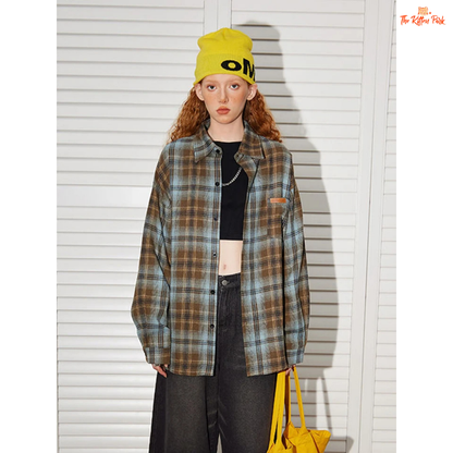 Retro striped Harajuku-style Y2K blouse with turn-down collar, loose fit, single-breasted closure, and full-length sleeves for autumn and winter.