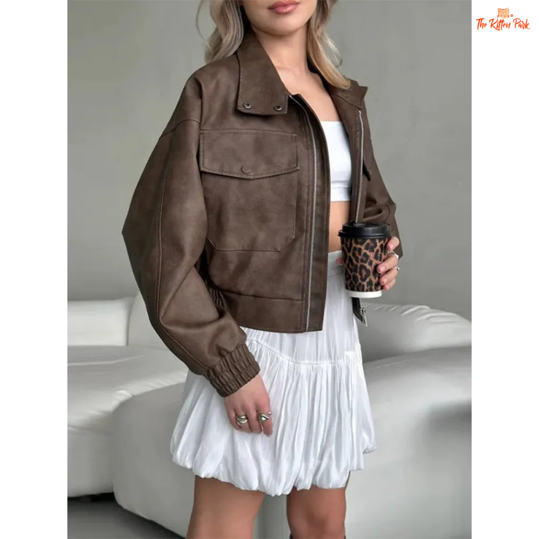 Women's retro faux suede cropped jacket in patchwork design with turn-down collar, long sleeves, and padded shoulders — casual cotton-polyester blend for spring and summer.