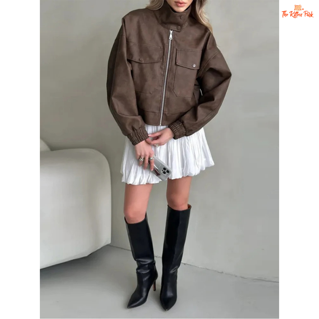 Women's retro faux suede cropped jacket in patchwork design with turn-down collar, long sleeves, and padded shoulders — casual cotton-polyester blend for spring and summer.