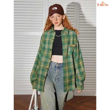 Retro striped Harajuku-style Y2K blouse with turn-down collar, loose fit, single-breasted closure, and full-length sleeves for autumn and winter.