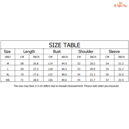 Size chart for clothing measurements in centimeters and inches with The Keffiyeh Patch logo.