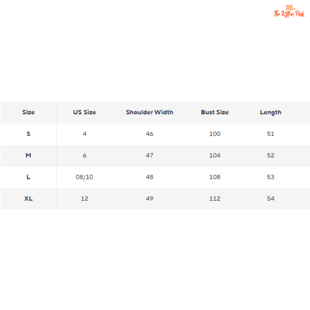 Size chart for clothing with shoulder width, bust size, and length measurements.