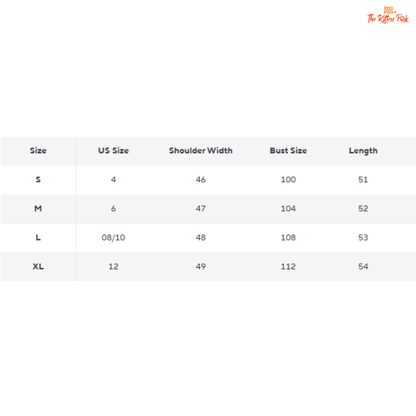 Size chart for clothing with shoulder width, bust size, and length measurements.
