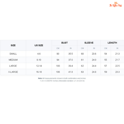 Size chart for clothing with measurements in centimeters and inches on a white background.