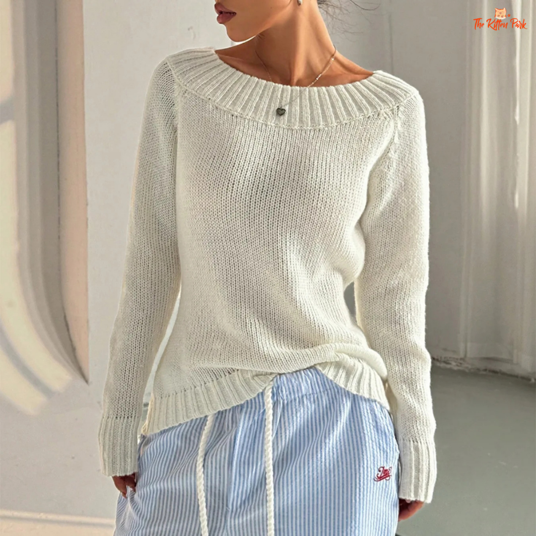 Cream-colored off-shoulder knit pullover sweater for women with loose fit and soft polyester fabric, perfect for casual autumn and winter outfits.