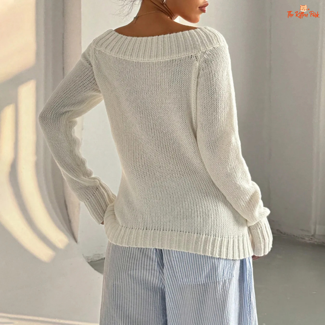 Cream-colored off-shoulder knit pullover sweater for women with loose fit and soft polyester fabric, perfect for casual autumn and winter outfits.