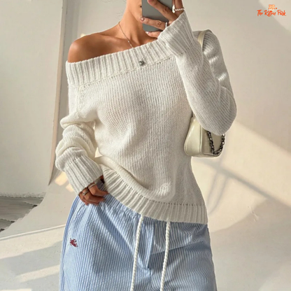 Cream-colored off-shoulder knit pullover sweater for women with loose fit and soft polyester fabric, perfect for casual autumn and winter outfits.