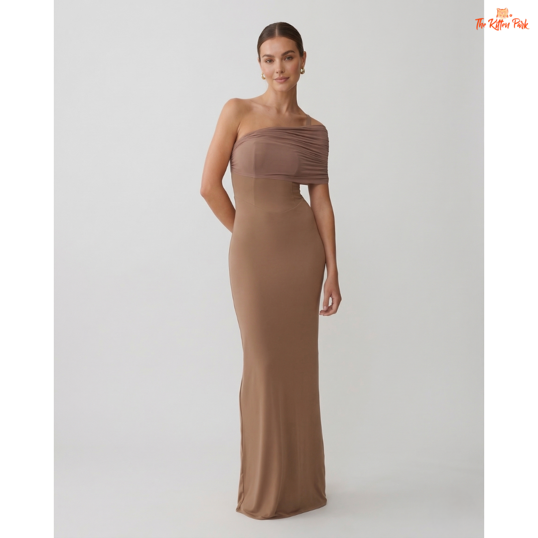 One shoulder mesh maxi dress with backless design, slim bodycon fit, and floor-length elegant party style.