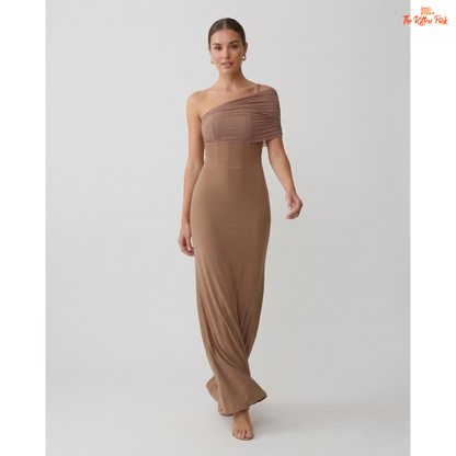 One shoulder mesh maxi dress with backless design, slim bodycon fit, and floor-length elegant party style.