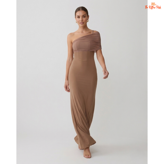 One shoulder mesh maxi dress with backless design, slim bodycon fit, and floor-length elegant party style.