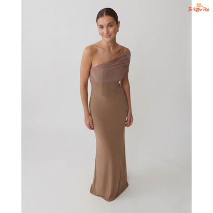 One shoulder mesh maxi dress with backless design, slim bodycon fit, and floor-length elegant party style.