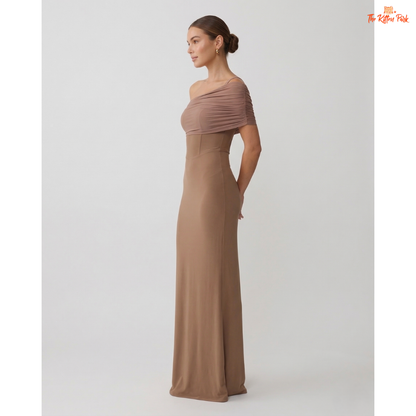 One shoulder mesh maxi dress with backless design, slim bodycon fit, and floor-length elegant party style.