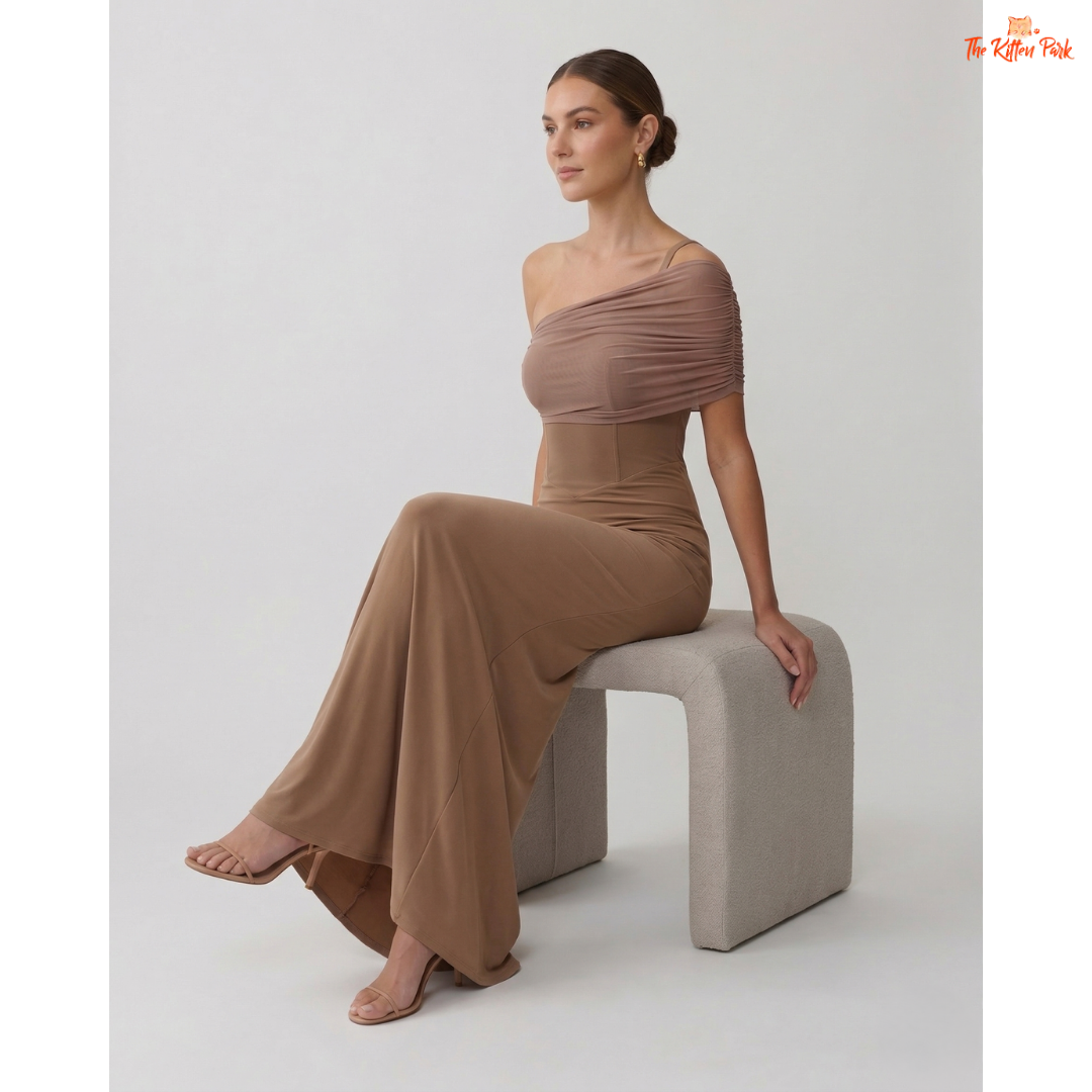 One shoulder mesh maxi dress with backless design, slim bodycon fit, and floor-length elegant party style.