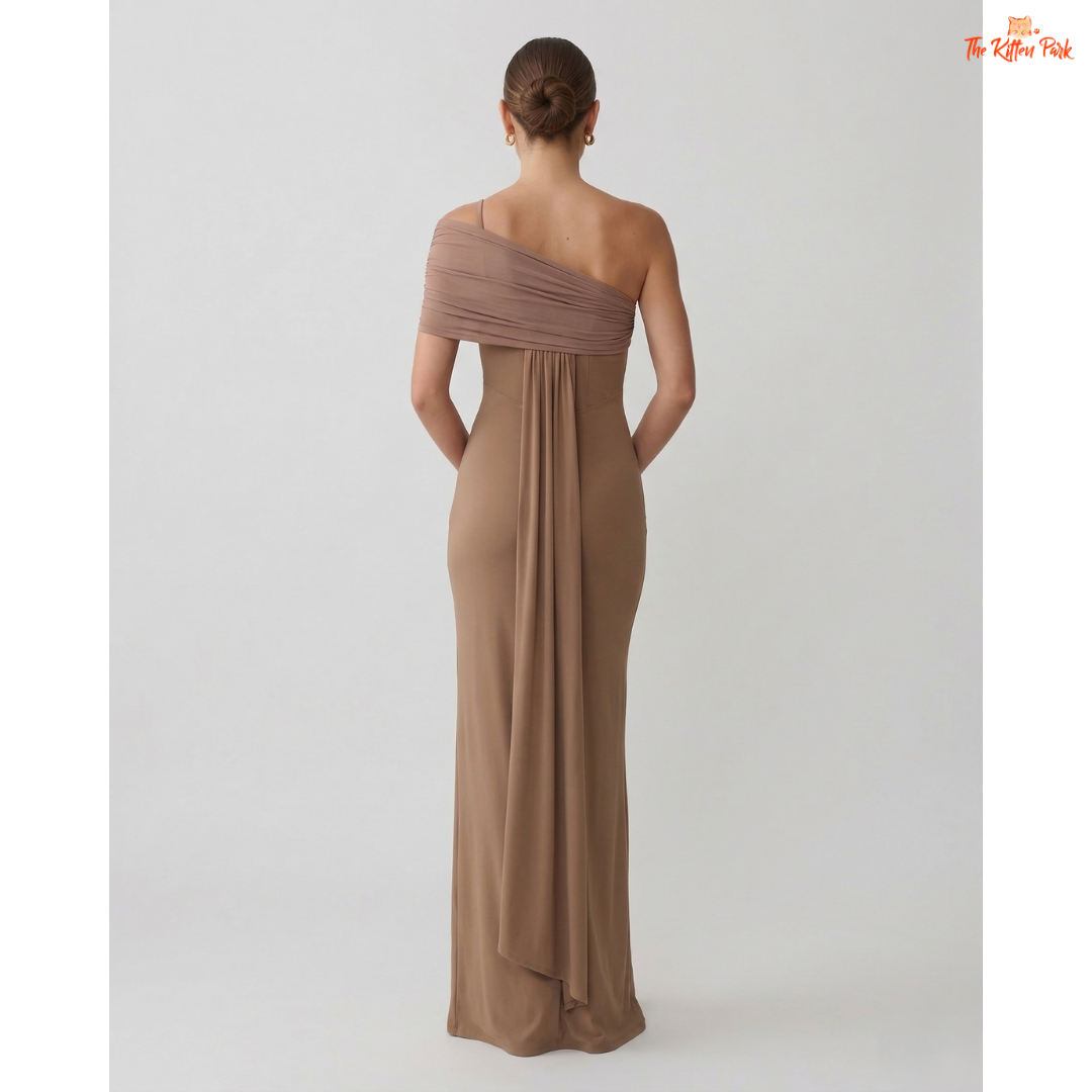One shoulder mesh maxi dress with backless design, slim bodycon fit, and floor-length elegant party style.