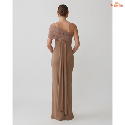 One shoulder mesh maxi dress with backless design, slim bodycon fit, and floor-length elegant party style.