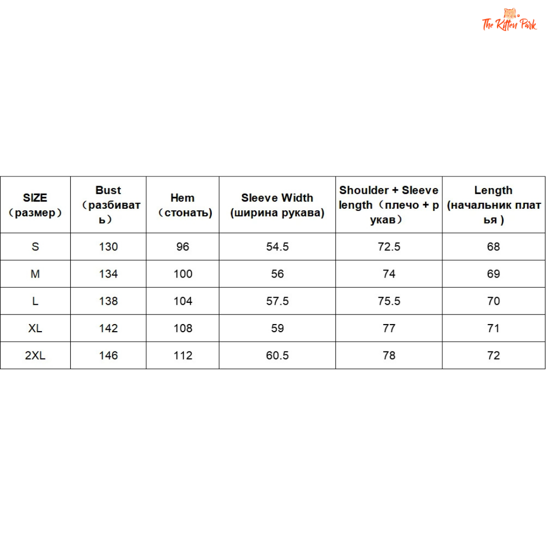 Size chart for clothing with measurements in centimeters