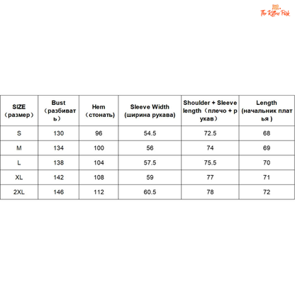 Size chart for clothing with measurements in centimeters