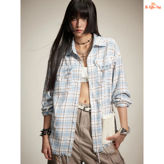 Y2K loose-fit women's shirt with plaid pattern, tassel decoration, long sleeves, and turn-down collar – retro streetwear for spring and summer.