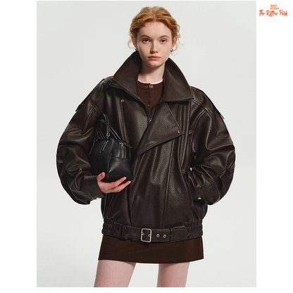 Women's oversized brown PU leather jacket with retro zip-up design, mandarin collar, and pockets — stylish high street coat for all seasons.