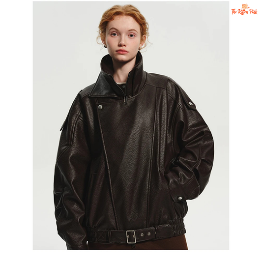 Women's oversized brown PU leather jacket with retro zip-up design, mandarin collar, and pockets — stylish high street coat for all seasons.