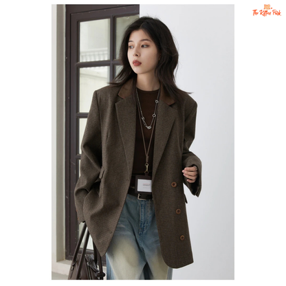 Woman wearing a brown coat and blue jeans standing indoors.