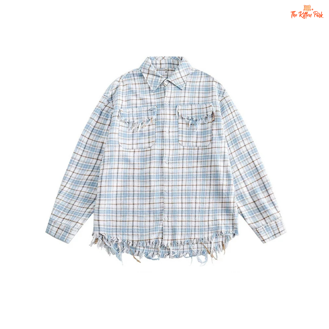 Y2K loose-fit women's shirt with plaid pattern, tassel decoration, long sleeves, and turn-down collar – retro streetwear for spring and summer.