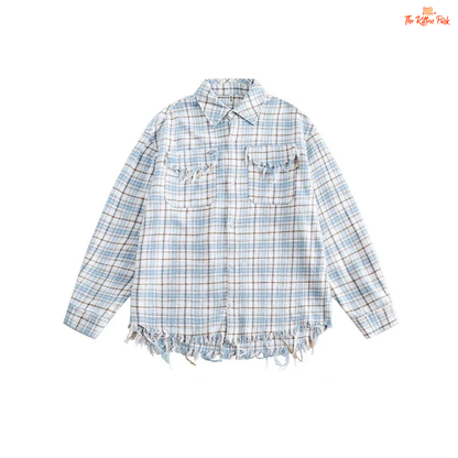Y2K loose-fit women's shirt with plaid pattern, tassel decoration, long sleeves, and turn-down collar – retro streetwear for spring and summer.