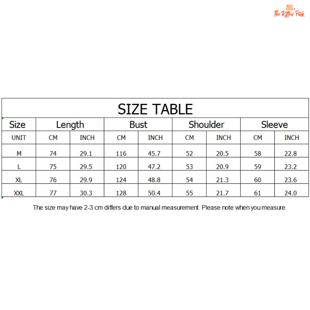 Size chart for clothing with measurements in centimeters and inches.