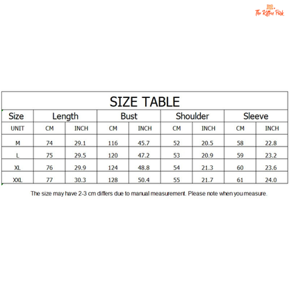 Size chart for clothing with measurements in centimeters and inches.