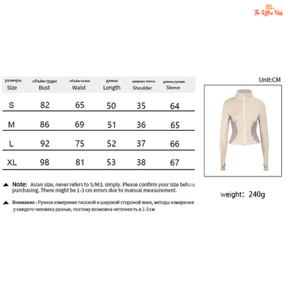 Measurement chart for a jacket with size chart and product image on a white background