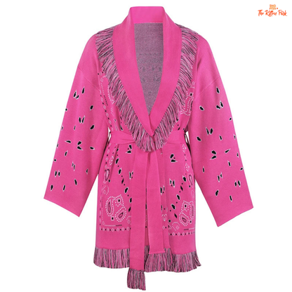 Patchwork Knitted Cardigan – Autumn 2026, loose fit V-neck cardigan with striped patchwork, button closure, extra-heavy knit polyester for autumn and winter.