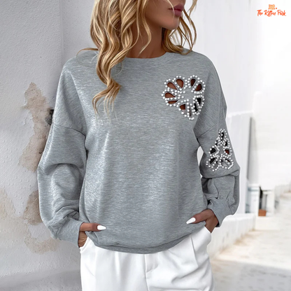Pearl Decor Sweatshirt with floral embroidery, hollow flower details, round neck, long sleeves, and thin lightweight polyester fabric for autumn winter wear.