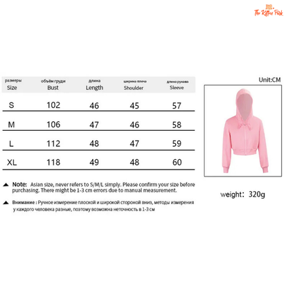 Pink hoodie size chart with measurements and weight on a white background