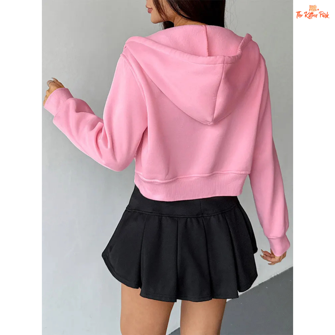 Pink Lace-Up Zipper Hoodie for Women featuring a thick design, turn-down collar, full sleeves, and stylish lace-up zipper details for an autumn streetwear look.