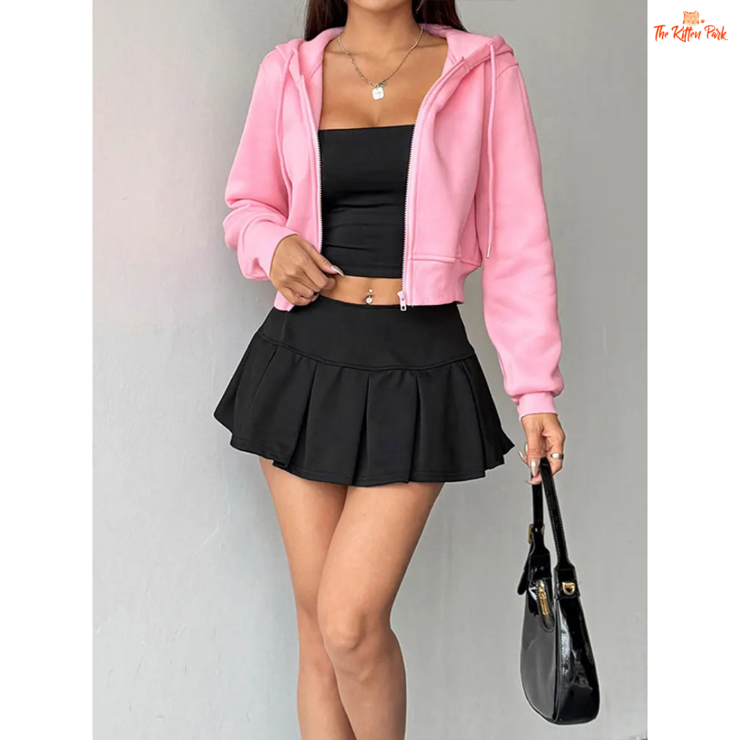 Pink Lace-Up Zipper Hoodie for Women featuring a thick design, turn-down collar, full sleeves, and stylish lace-up zipper details for an autumn streetwear look.