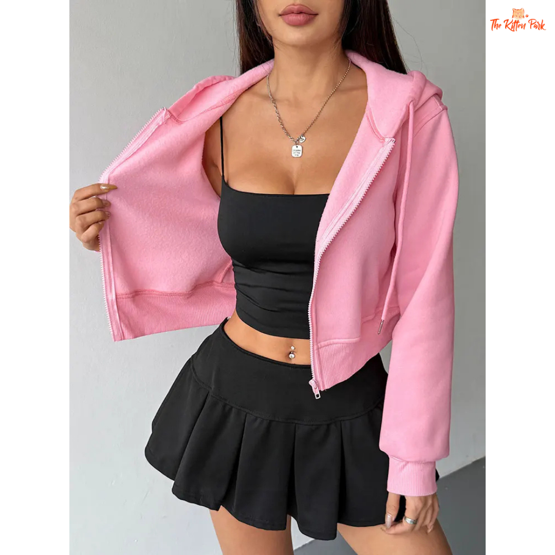 Pink Lace-Up Zipper Hoodie for Women featuring a thick design, turn-down collar, full sleeves, and stylish lace-up zipper details for an autumn streetwear look.
